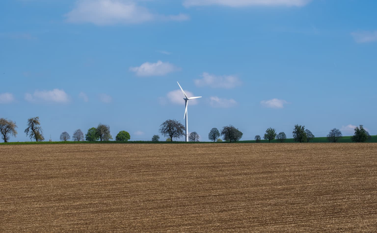 A white wind turbine standing on the horizon separating a light brown field and a bright blue sky with a green strip and a few trees on the edge dividing the two halves.