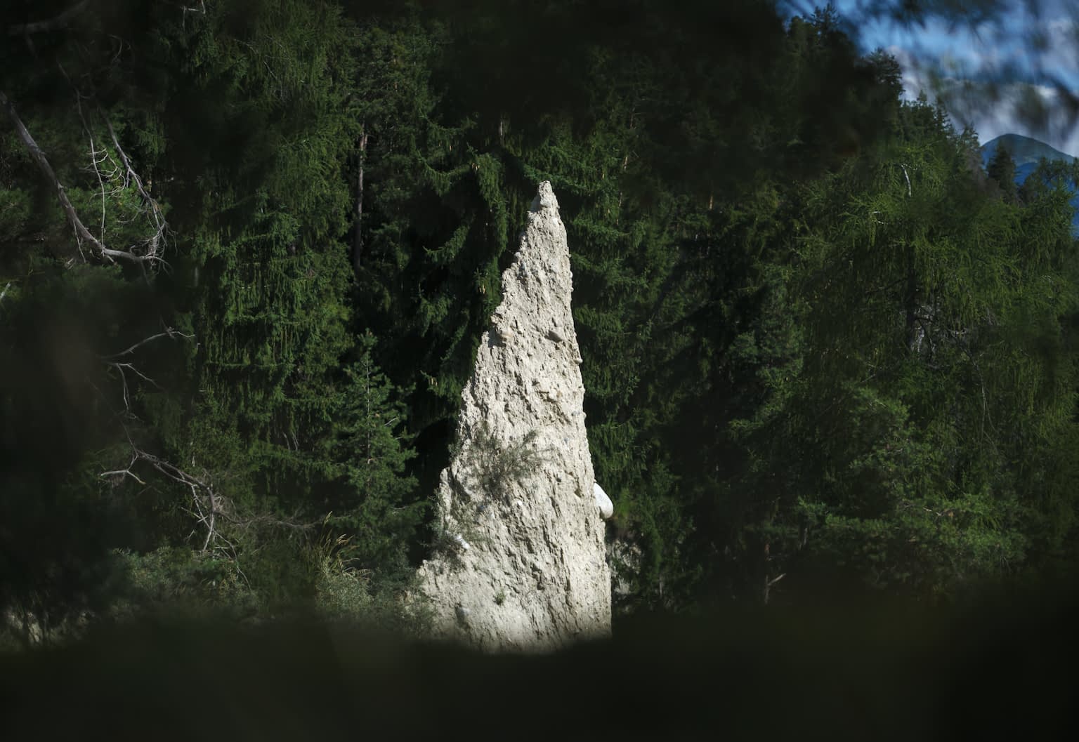 The Weißlahn (also known as Pfefferlahn) earth pyramid near Brixen, Italy centered in the frame and surrounded by a dense, green coniferous forest.