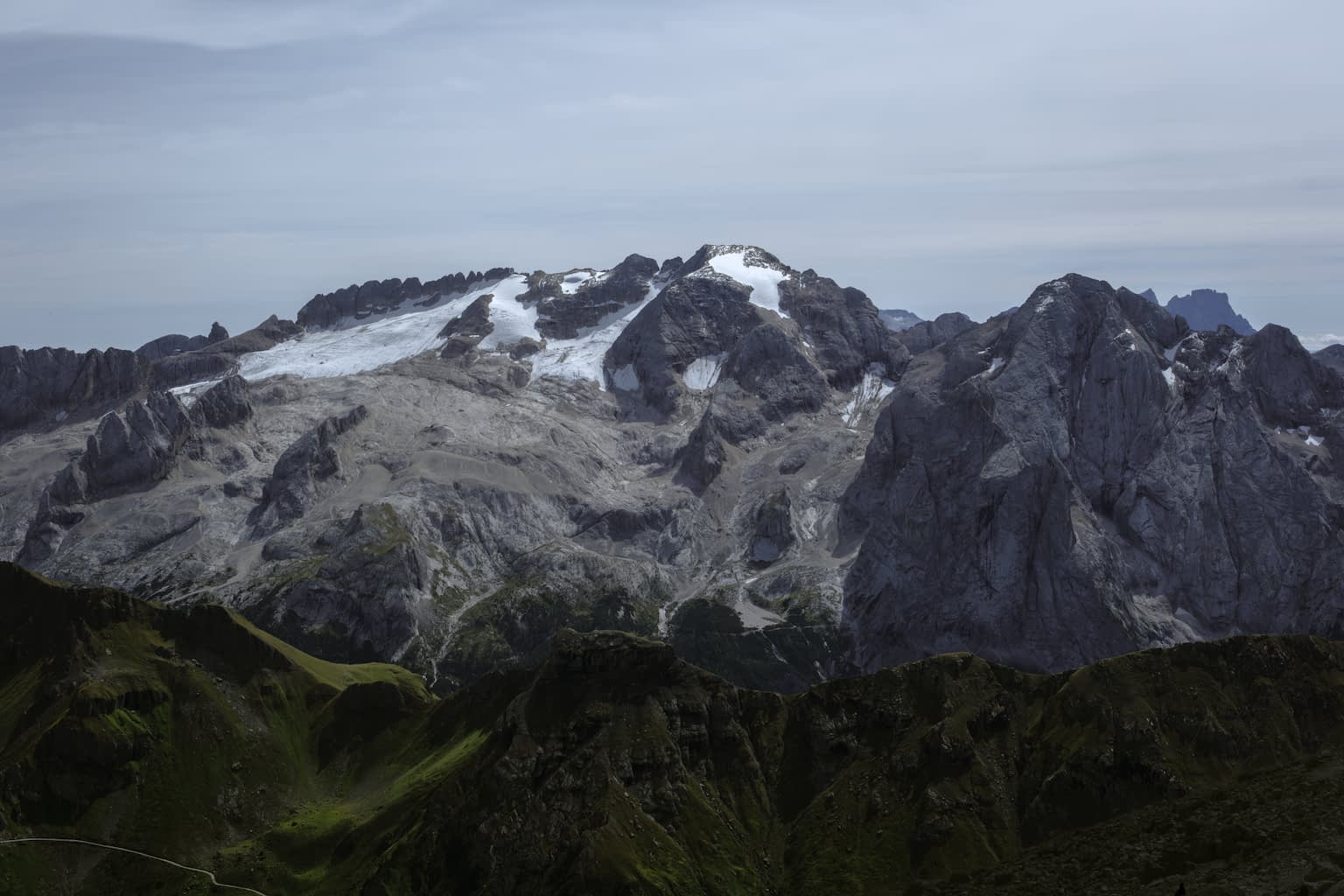 The mountain range Marmolada with the Sass Ciapel in front.